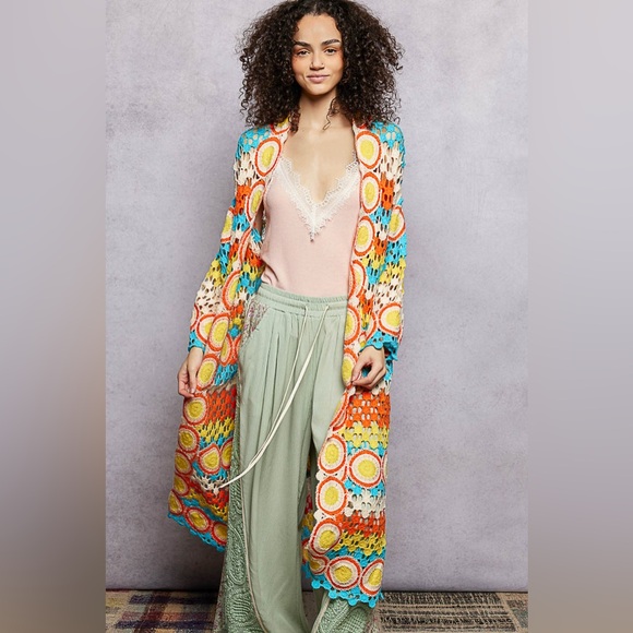 POL Scalloped Edge Open Front Crochet Cardigan with Colorful Stripe Pattern - Picture 2 of 6